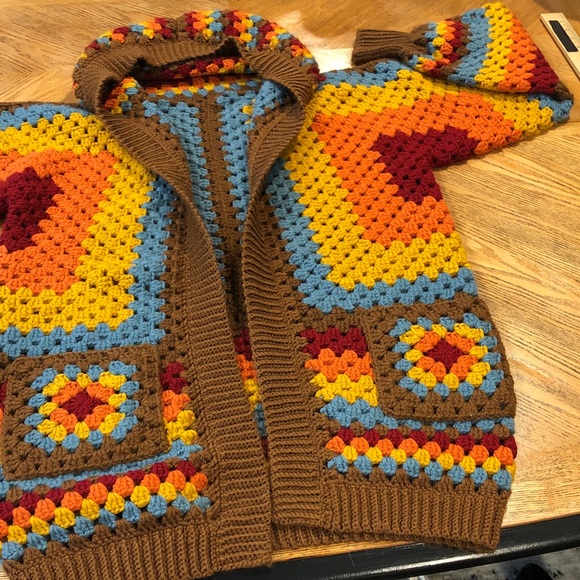 Hand Crochet Colorful Boho Cardigan Sweater Granny Square Retro Vintage Style - Picture 7 of 11